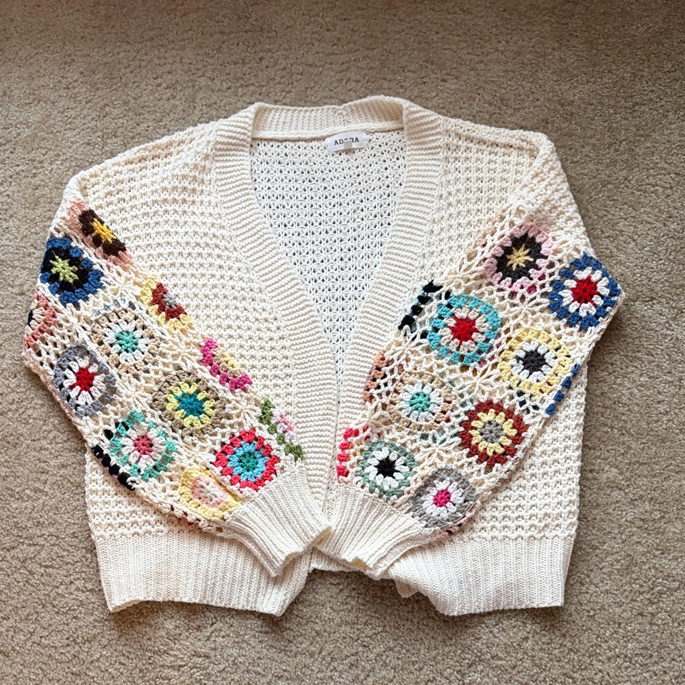 Cream, granny square sleeve cardigan, size medium